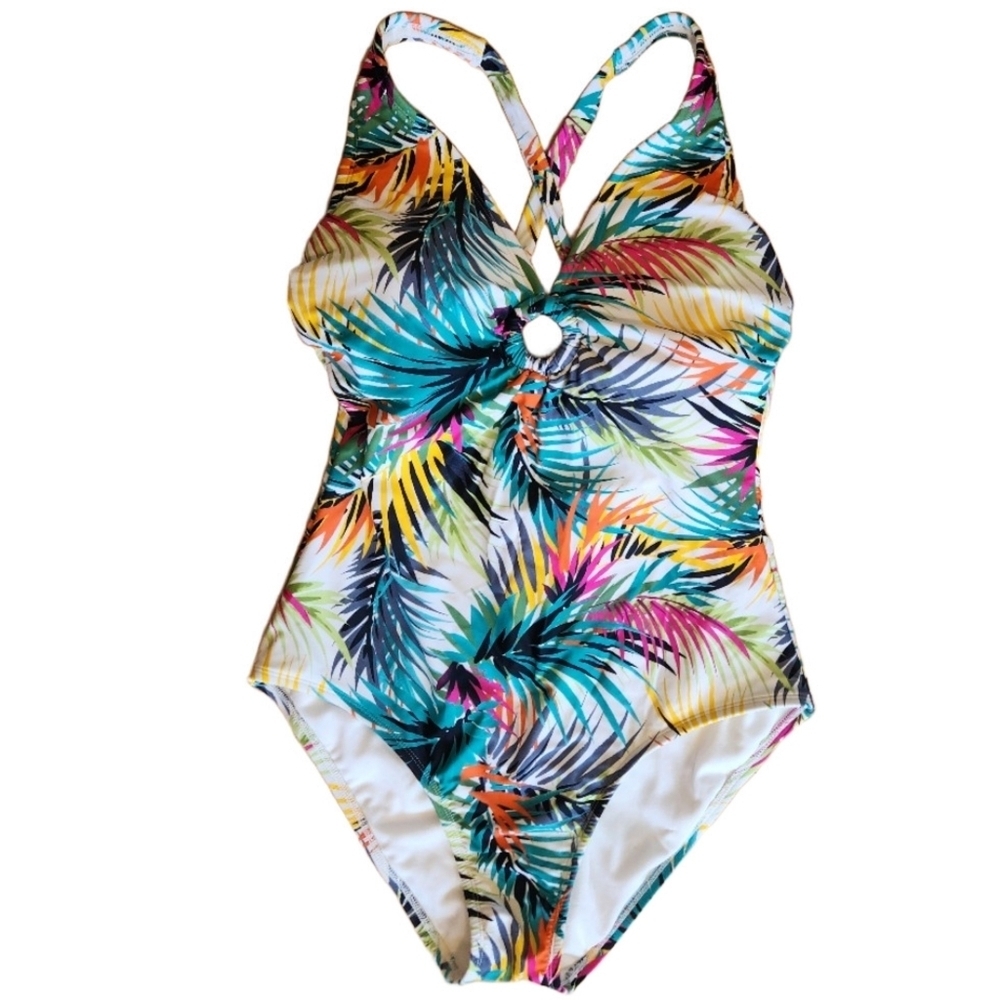 SHADE & SHORE TROPICAL PRINT PLUNGE RING DETAIL ONE PIECE SWIMSUIT - XL - NWT